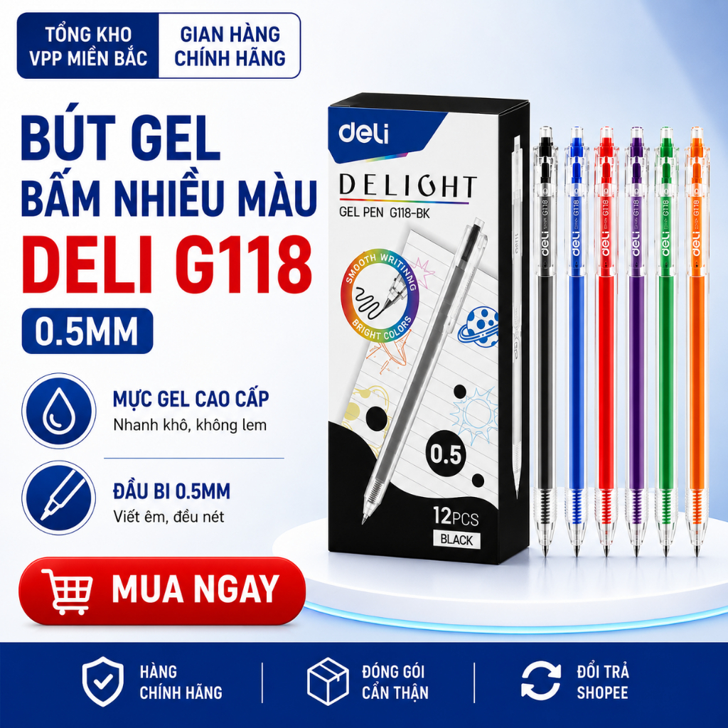 Hộp 12 bút gel bấm nhiều màu 0.5mm Deli G118 / EG 118 xinh xắn nhanh khô viết đều trơn ruột S206