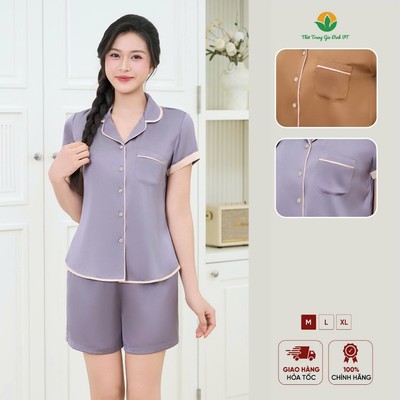 Bộ pijama lụa satin nữ Việt Thắng quần đùi áo cộc tay mặc nhà sang trọng nhẹ mịn - B43.6066