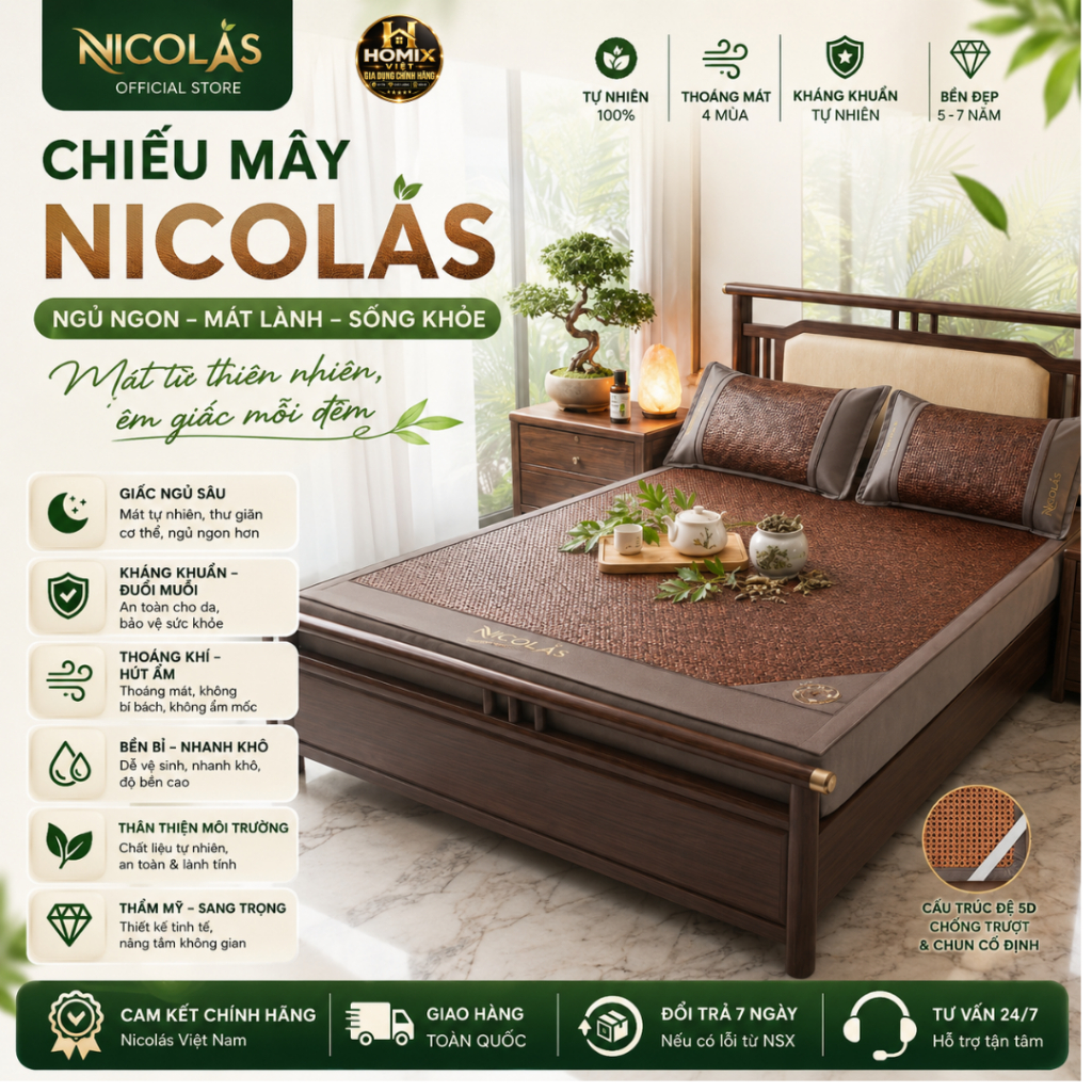 Chiếu Điều Hòa Mây Ngải Cứu Nicolas Cao Cấp – Mát Lạnh, Thoáng Khí, Êm Ái, Nằm Siêu Thoải Mái