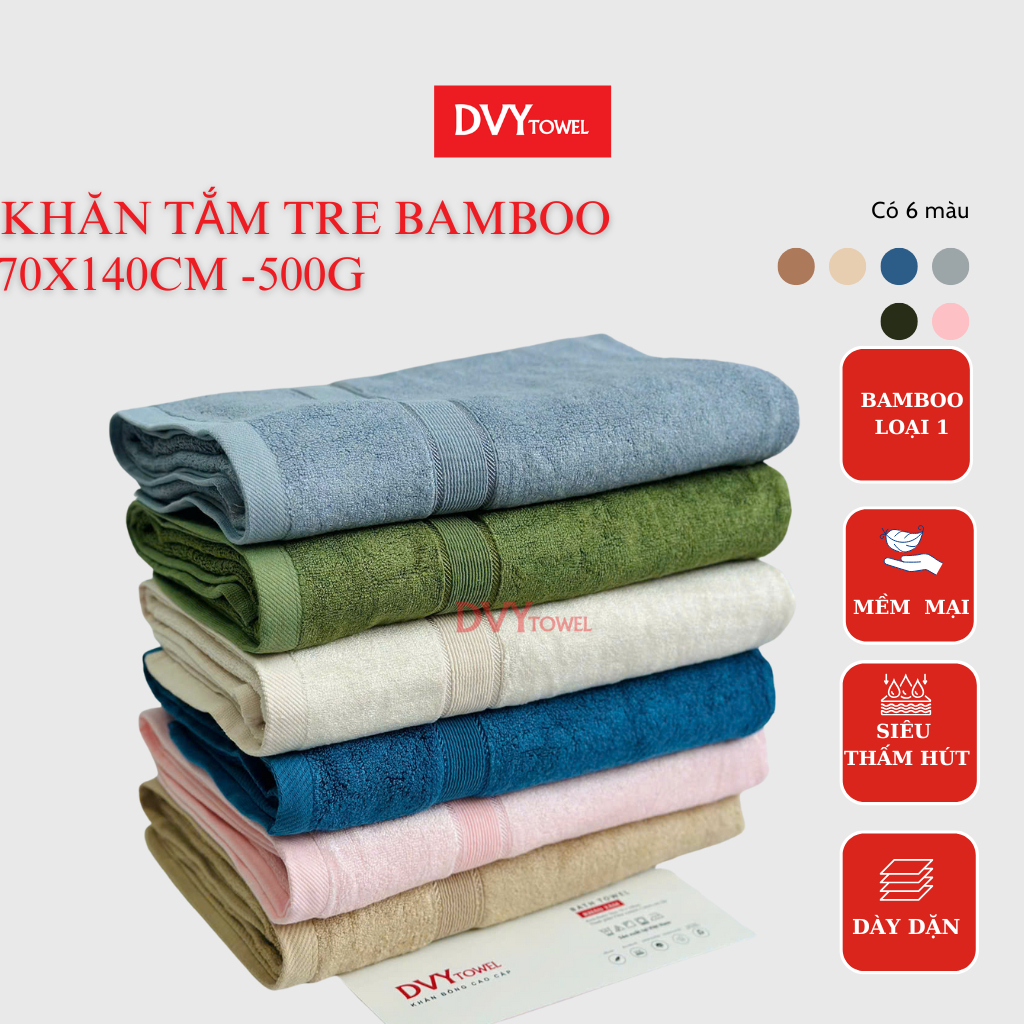 Khăn Tắm Tre Bamboo 70X140cm 500gr DVY TOWEL Siêu Dày Siêu Thấm Hút Không Xù Bông Không Phai màu