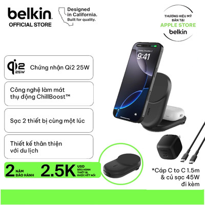 Đế sạc không dây Belkin Magsafe 2-in-1 chuẩn Qi2.2 25W sạc nhanh không dây cho nhiều thiết bị iPhone, Airpods, Watch