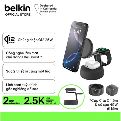 Đế sạc không dây Belkin chuẩn Magsafe 3-in-1 Qi2.2 25W sạc nhanh không dây cho thiết bị iPhone, Airpods - Bảo hành 2 năm