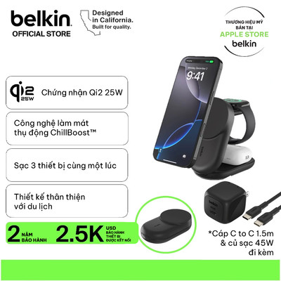 Đế sạc không dây Belkin Magsafe 3-in-1 chuẩn Qi2.2 25W sạc nhanh không dây cho nhiều thiết bị iPhone, Airpods, Watch