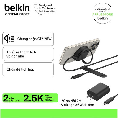 Đế sạc không dây Belkin Magsafe 2-in-1 chuẩn Qi2.2 25W sạc nhanh không dây nhỏ gọn cho nhiều thiết bị iPhone, Airpods