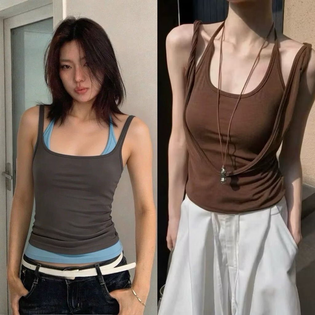 (sẵn)Áo sát nách layer nâu tây dây xoắn và ghi layer chất thun cotton thời trang nữ ASN077  - Tiktik