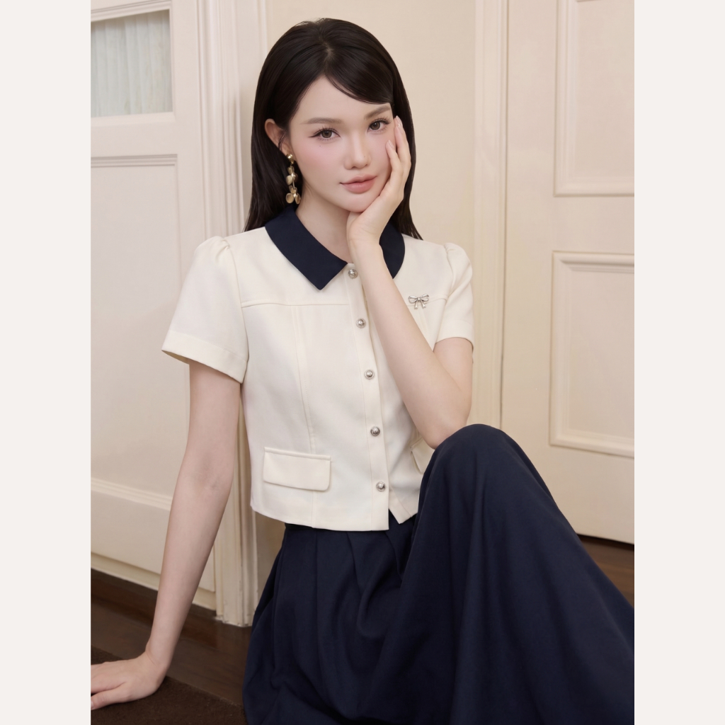 Áo sơ mi nữ cổ phối xanh navy tiểu thư thanh lịch cao cấp Linly Store A-PC13 | BigBuy360 - bigbuy360.vn