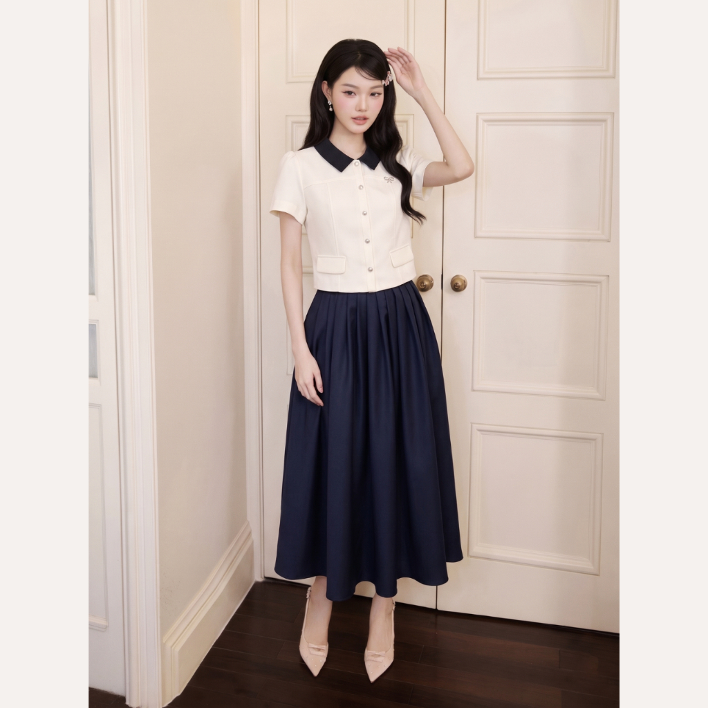 Áo sơ mi nữ cổ phối xanh navy tiểu thư thanh lịch cao cấp Linly Store A-PC13 | BigBuy360 - bigbuy360.vn