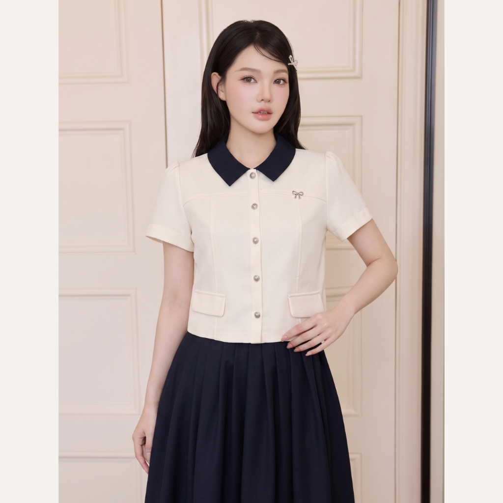 Áo sơ mi nữ cổ phối xanh navy tiểu thư thanh lịch cao cấp Linly Store A-PC13 | BigBuy360 - bigbuy360.vn