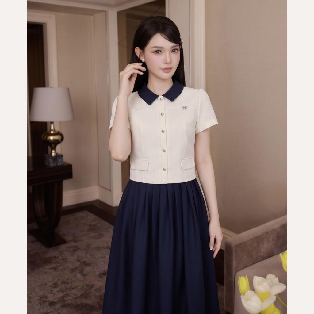 Áo sơ mi nữ cổ phối xanh navy tiểu thư thanh lịch cao cấp Linly Store A-PC13 | BigBuy360 - bigbuy360.vn