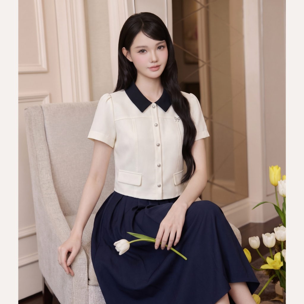 Áo sơ mi nữ cổ phối xanh navy tiểu thư thanh lịch cao cấp Linly Store A-PC13 | BigBuy360 - bigbuy360.vn