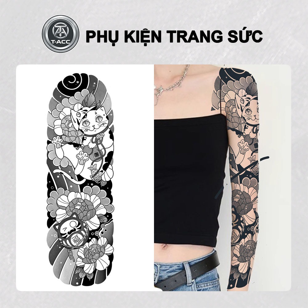 Hình xăm 15 ngày full tay mèo thần tài Daruma QB-031, hình xăm dán tạm thời chống nước phong cách nh