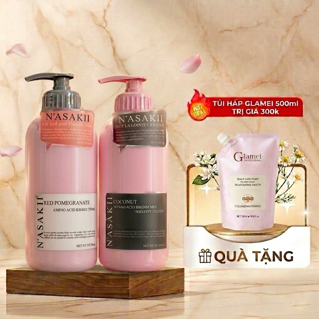 [1 Cặp tặng 1 hấp]Dầu Gội NASAKI GIẢM GÃY RỤNG MỀM MƯỢT 1000ml