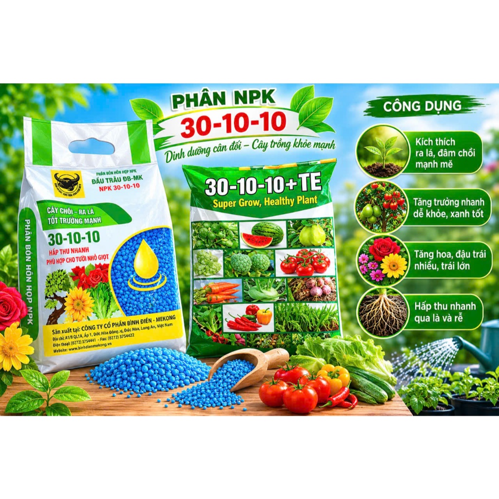 Phân bón gốc Đầu trâu 30-10-10 ,npk 30-10-10 +te  nảy chồi ra lá tăng trưởng mạnh túi 1 kg