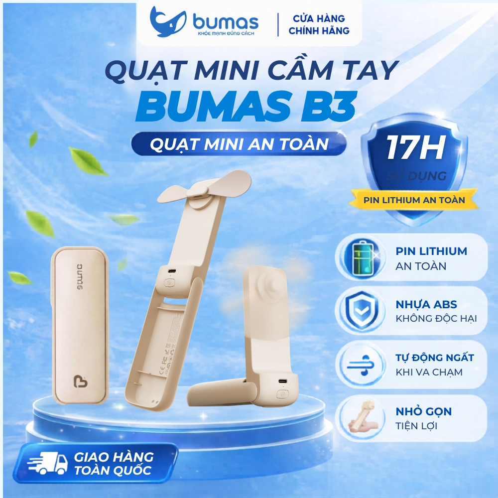 Quạt Mini Cầm Tay Gấp Gọn BUMAS B3 - 3 Cấp Độ Gió Sử Dụng Liên Tục 17H Có Sạc Dự Phòng Đầu Type-C