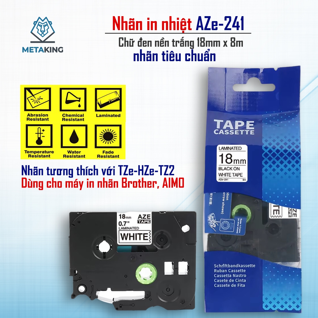 Băng nhãn AZe-241 (18mm x 8m) - Black on White I Dùng cho Máy Brother PT-E110/PT-E300, D210 / Aimo E