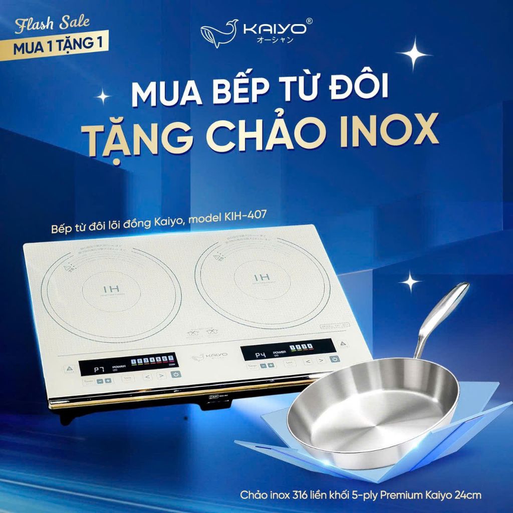 Bếp từ đôi lõi đồng KAIYO model KIH-407 hàng chính hãng (Tặng 1 chảo inox liền khối 24cm chính hãng 