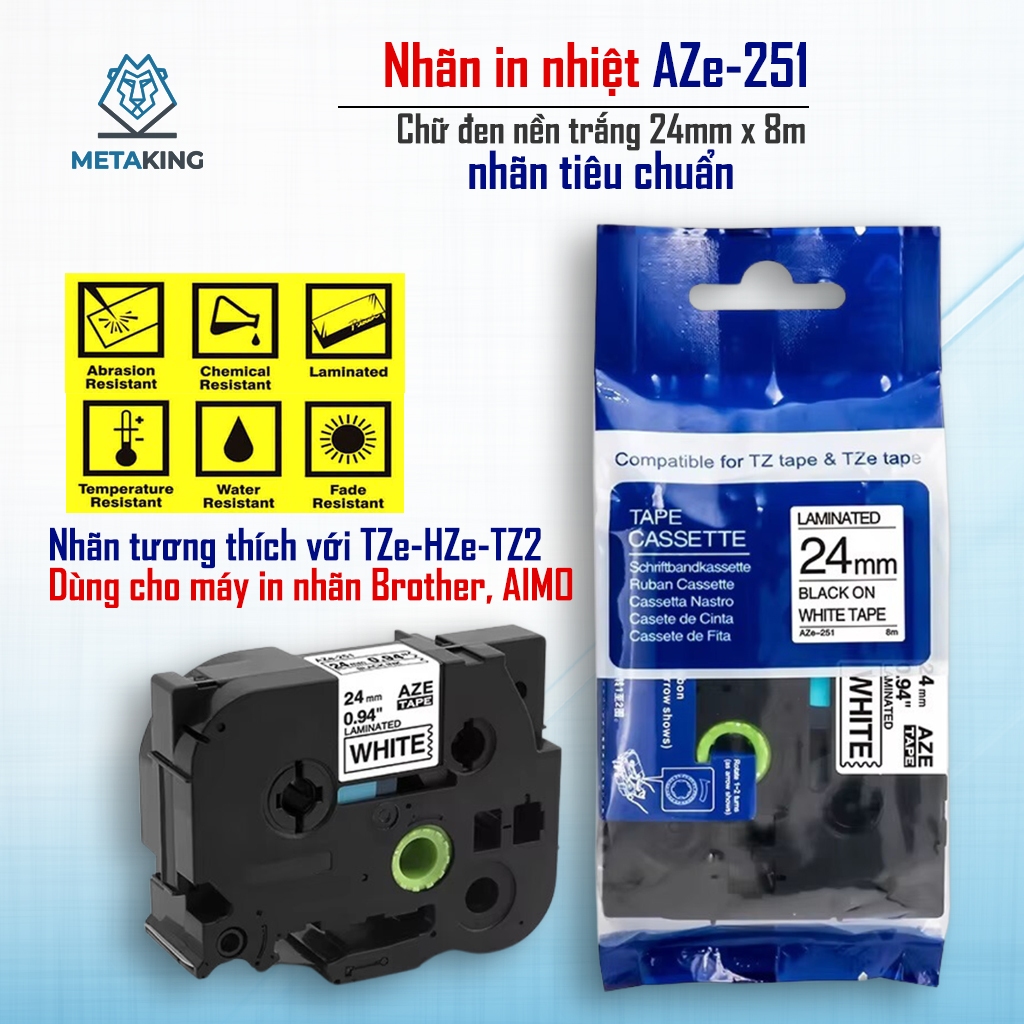 Băng nhãn AZe-251 (24mm x 8m) - Black on White I Dùng cho Máy Brother PT-E110/PT-E300, D210 / Aimo E