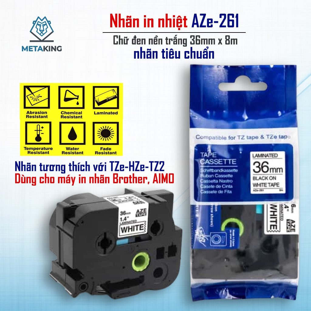 Băng nhãn AZe-261 (36mm x 8m) - Black on White I Dùng cho Máy Brother PT-E110/PT-E300, D210 / Aimo E