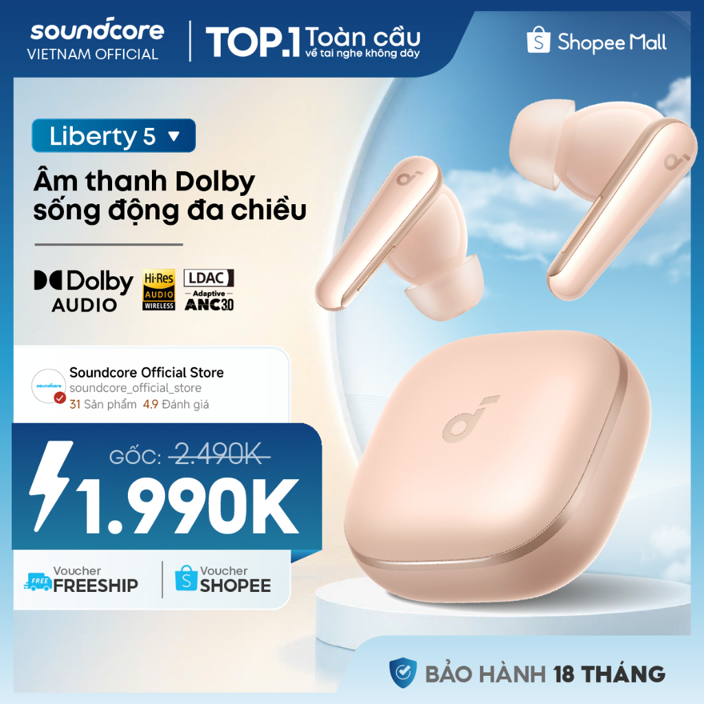 Tai nghe bluetooth soundcore Liberty 5 ANC 3.0 | Pin 48 giờ | Kháng bụi, nước IP55 | Tích hợp phiên dịch