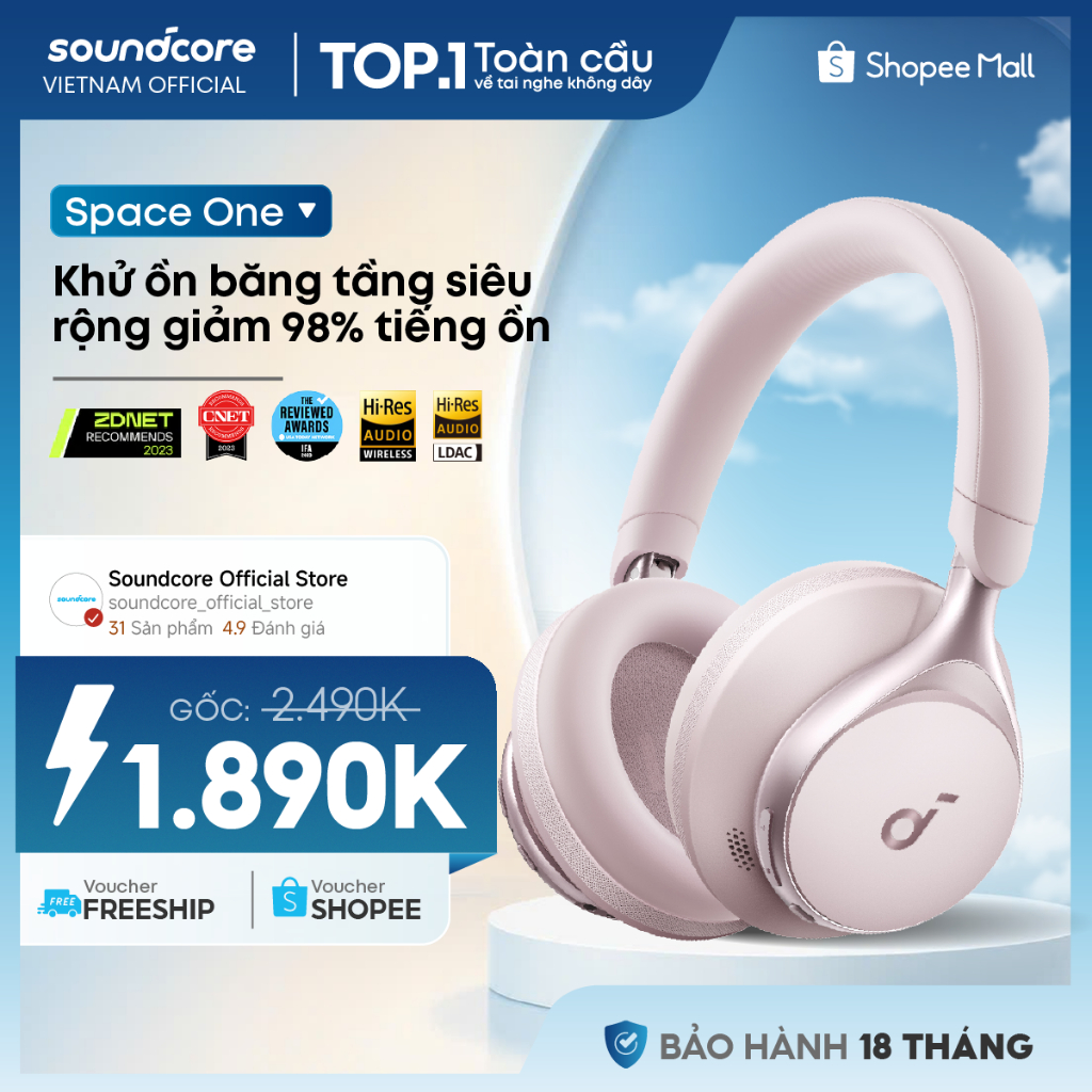 Tai nghe không dây chụp tai soundcore Space One | Âm thanh Hi-res | Giảm ồn 98% | 55h phát nhạc