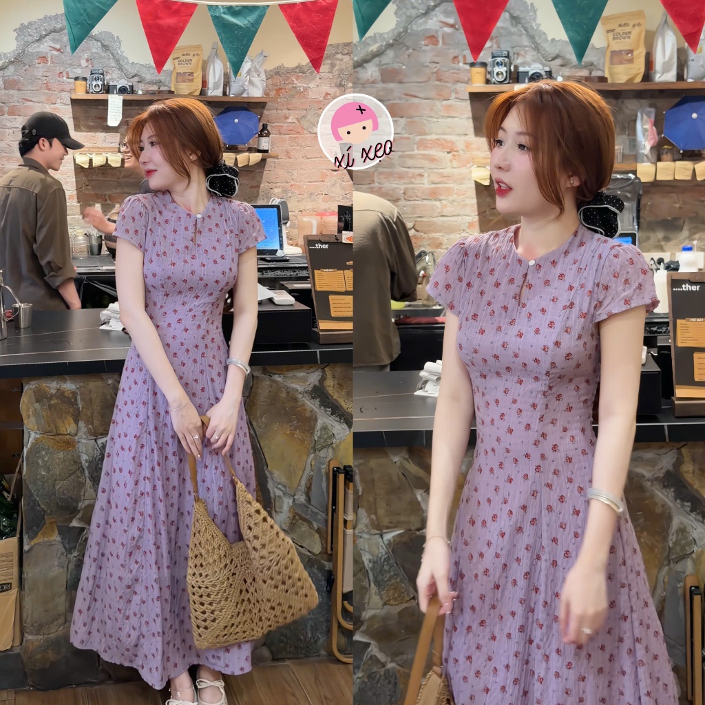 Váy hoa nhí dáng dài cổ tròn phong cách tiểu thư khoét giọt lệ xixeoshop - V54 | BigBuy360 - bigbuy360.vn