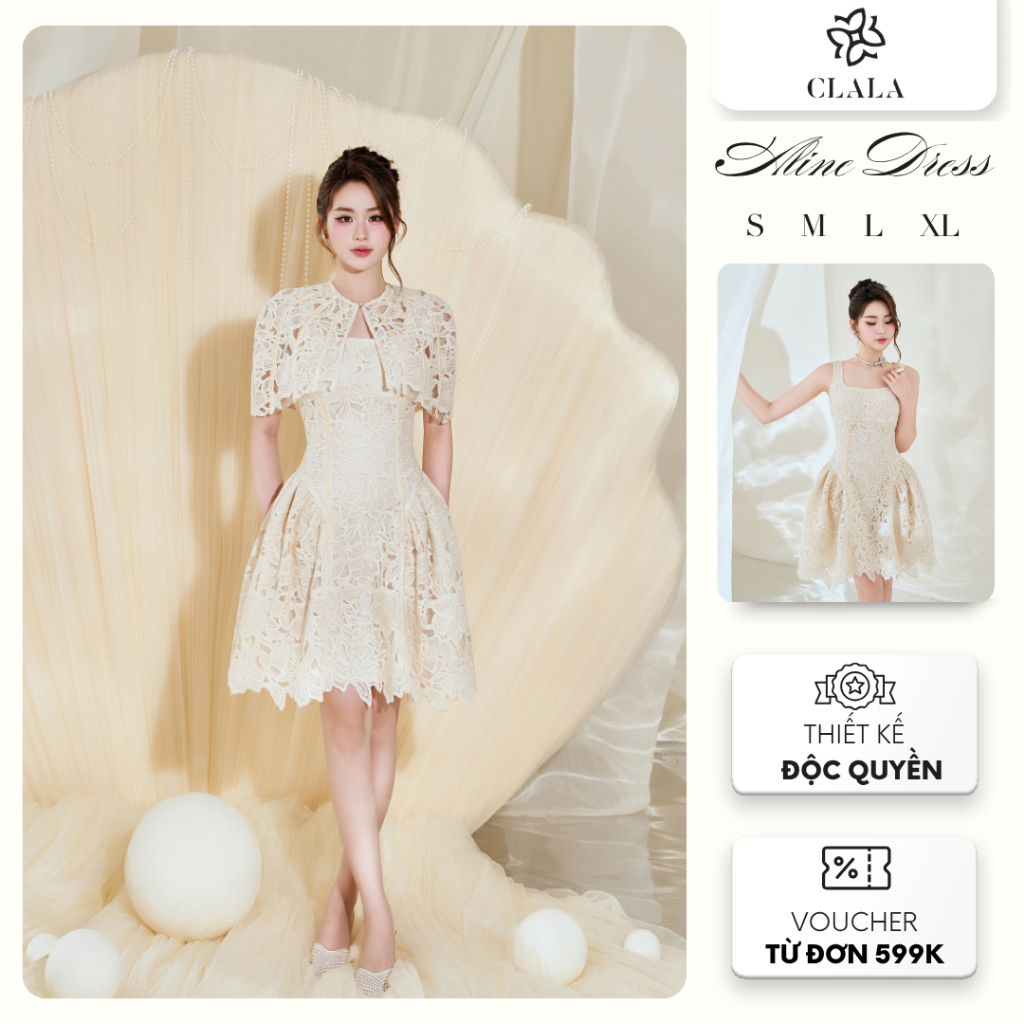 CLALA - Đầm Ren Dáng Ngắn Kèm Choàng Dáng Xoè, Váy Nữ Tiểu Thư Đi Chơi Đi Tiệc - ALINE DRESS