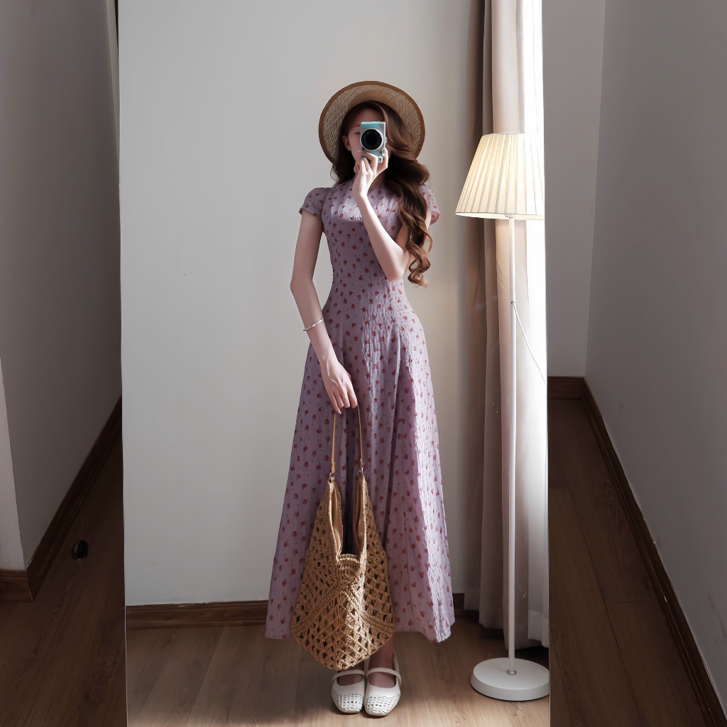 Váy hoa nhí dáng dài cổ tròn phong cách tiểu thư khoét giọt lệ xixeoshop - V54 | BigBuy360 - bigbuy360.vn