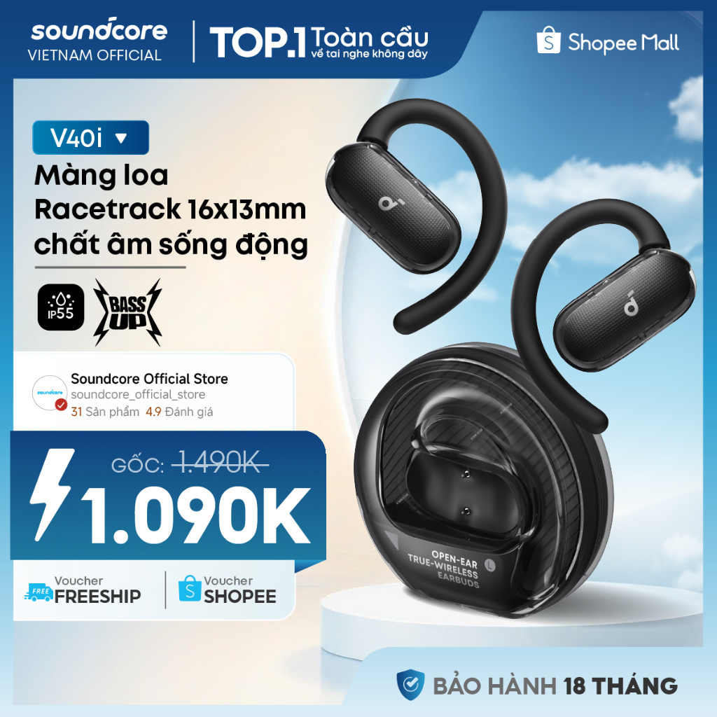 Tai nghe đeo vành tai bluetooth Open-Ear Soundcore V40i | Màng loa lớn | Chống nước và bụi IP55 | Tích hợp phiên dịch