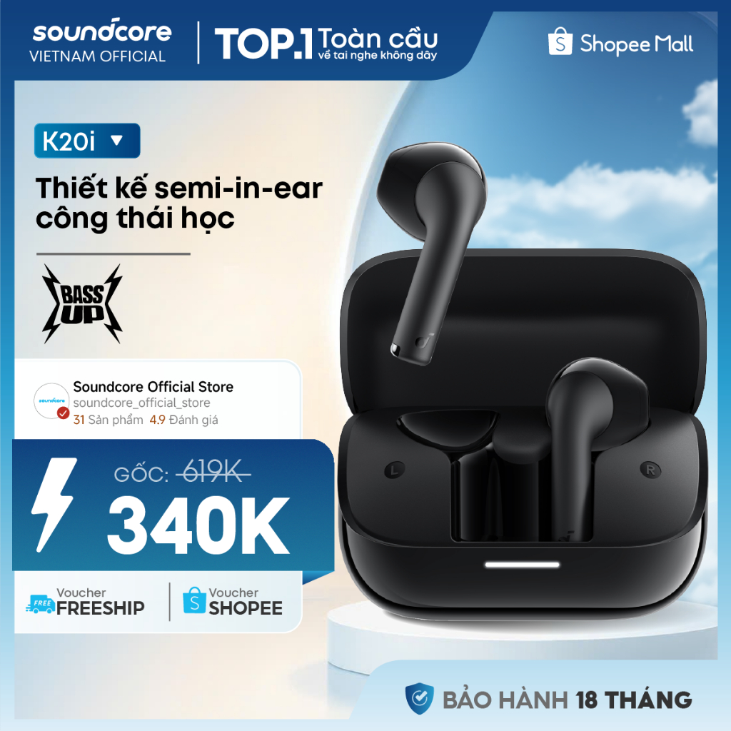Tai nghe bluetooth Semi In-Ear soundcore K20i | Siêu gọn nhẹ | Chống nước IPX5 | Tích hợp phiên dịch