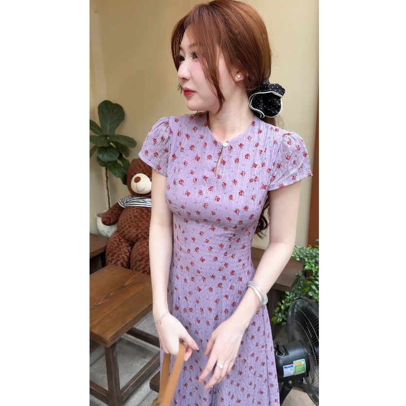 Váy hoa nhí dáng dài cổ tròn phong cách tiểu thư khoét giọt lệ xixeoshop - V54 | BigBuy360 - bigbuy360.vn