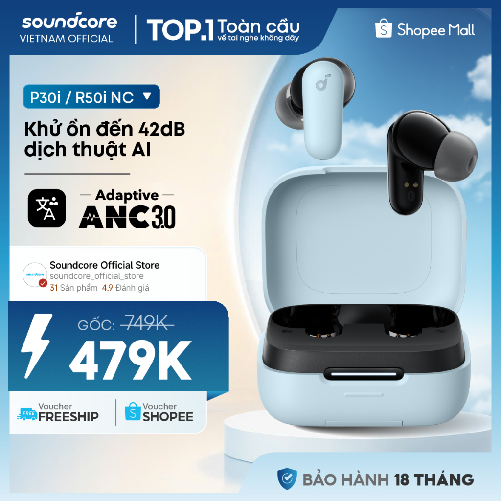 Tai nghe bluetooth soundcore R50i NC / R60i NC | Chống ồn ANC | Chống nước và bụi IP54 |40 giờ|Tích hợp phiên dịch