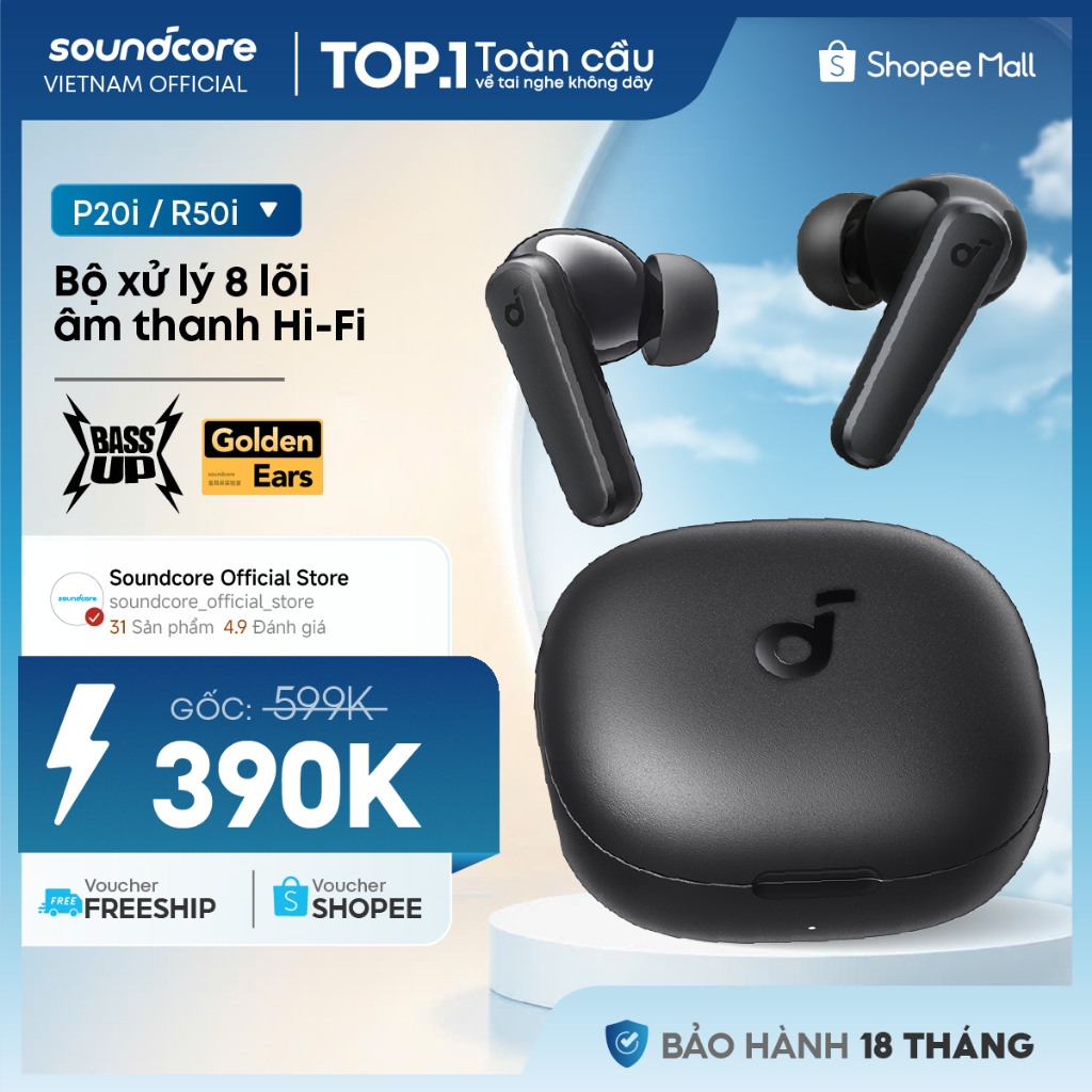 Tai nghe bluetooth soundcore R50i (P20i) siêu nhỏ gọn | 30 giờ phát nhạc | Chống nước IPX5 | Tích hợp phiên dịch