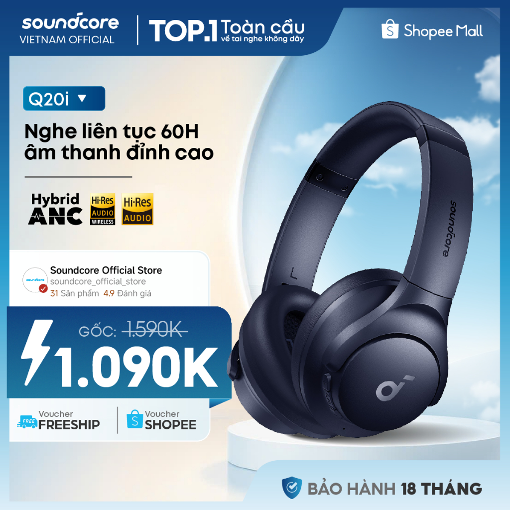 Tai nghe không dây chụp tai soundcore Q20i | Âm thanh Hi-res | Giảm ồn 90% | 60 giờ phát nhạc