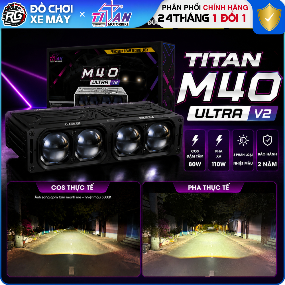 TITAN M40 Ultra V2 - Đèn Trợ Sáng M40 Ultra Công Suất 110W, Cos Rộng Tâm Đậm Chống Nước IP68 BH 2Năm