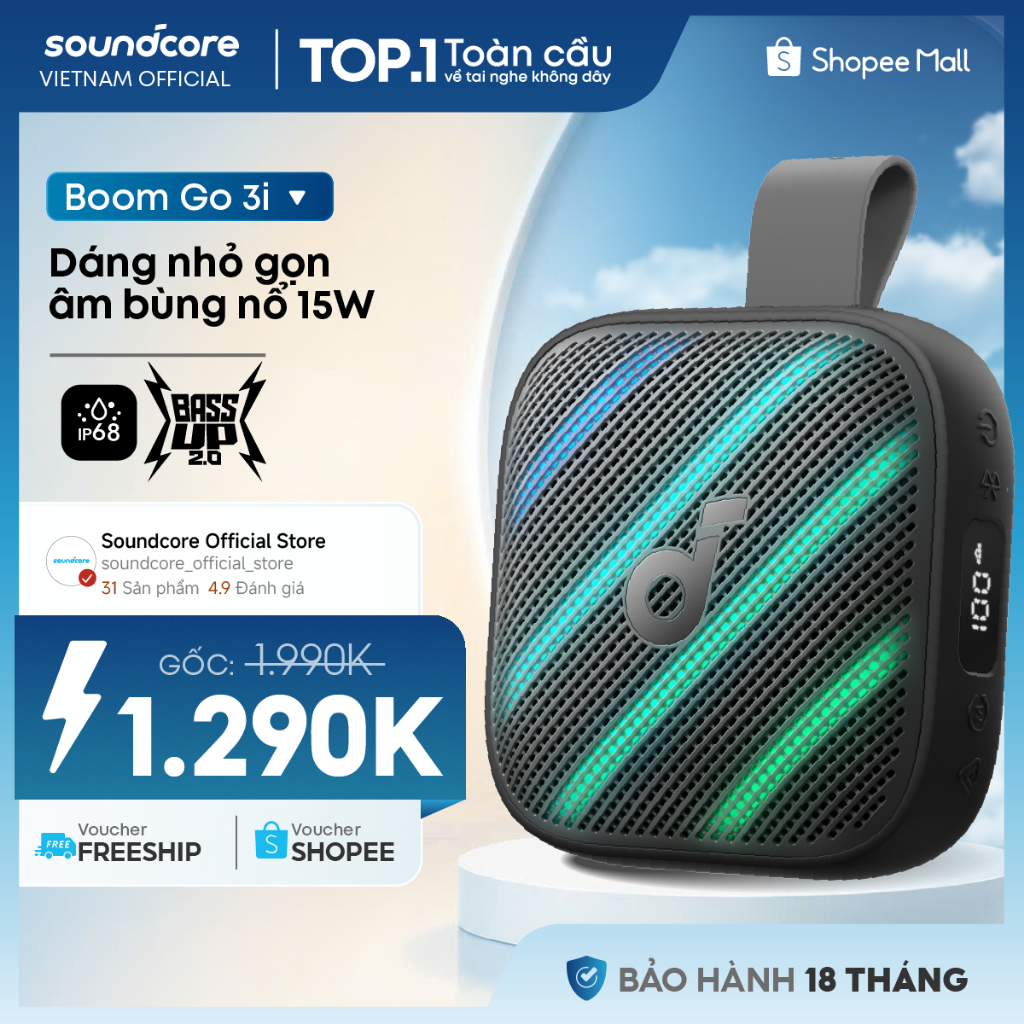 Loa bluetooth Soundcore Boom Go 3i | Pin 24h | Công suất 15W | Đèn LED 6 chế độ