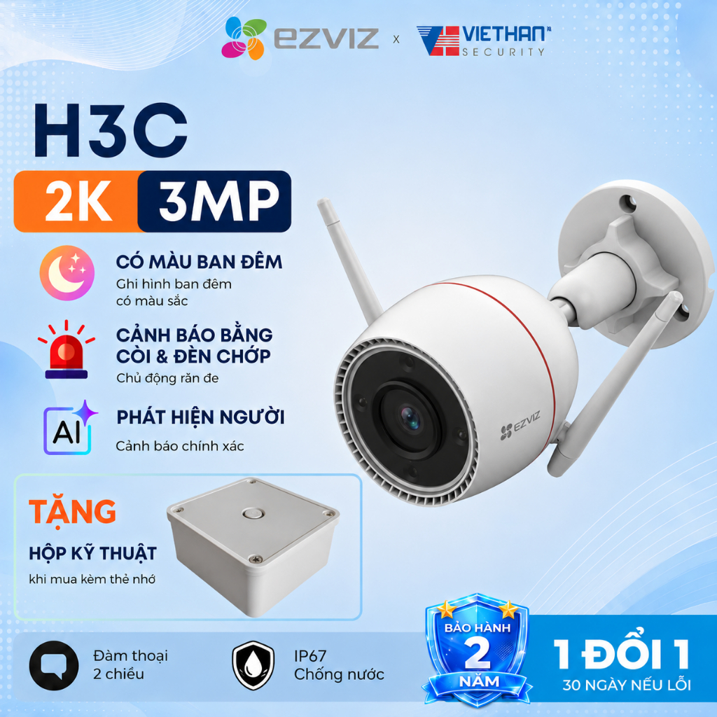 Camera Wifi ngoài trời EZVIZ H3C 3MP/4MP/5MP Ban Đêm Có Màu, Đàm Thoại 2 Chiều, Chống Nước IP67