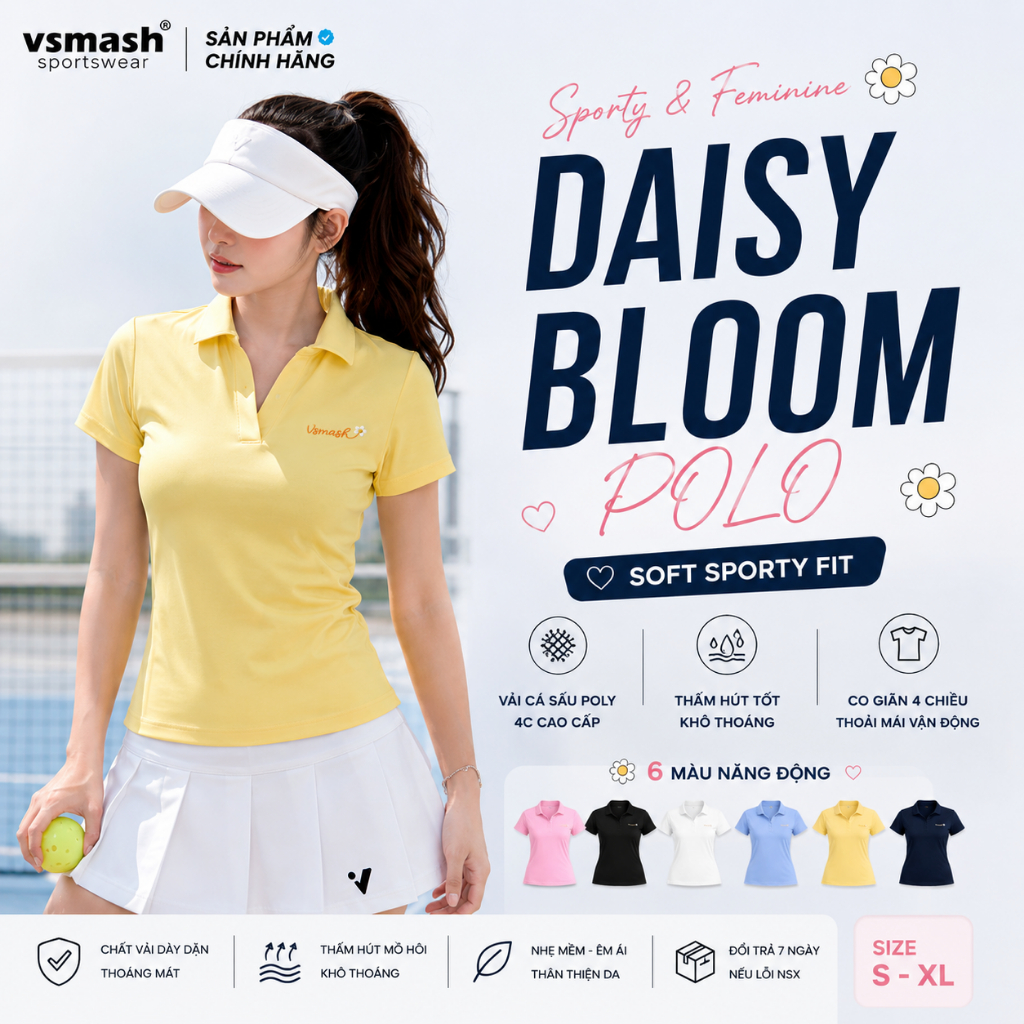 Áo thun thể thao nữ polo cá sấu DAISY BLOOM  Vsmash Sportswear – Co Giãn Gym Chạy Bộ Cầu Lông Yoga T