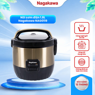 Nồi cơm điện 1.8L Nagakawa màu vàng NAG0119, chống dính, công nghệ ủ ấm 3 chiều, bảo hành 12 tháng