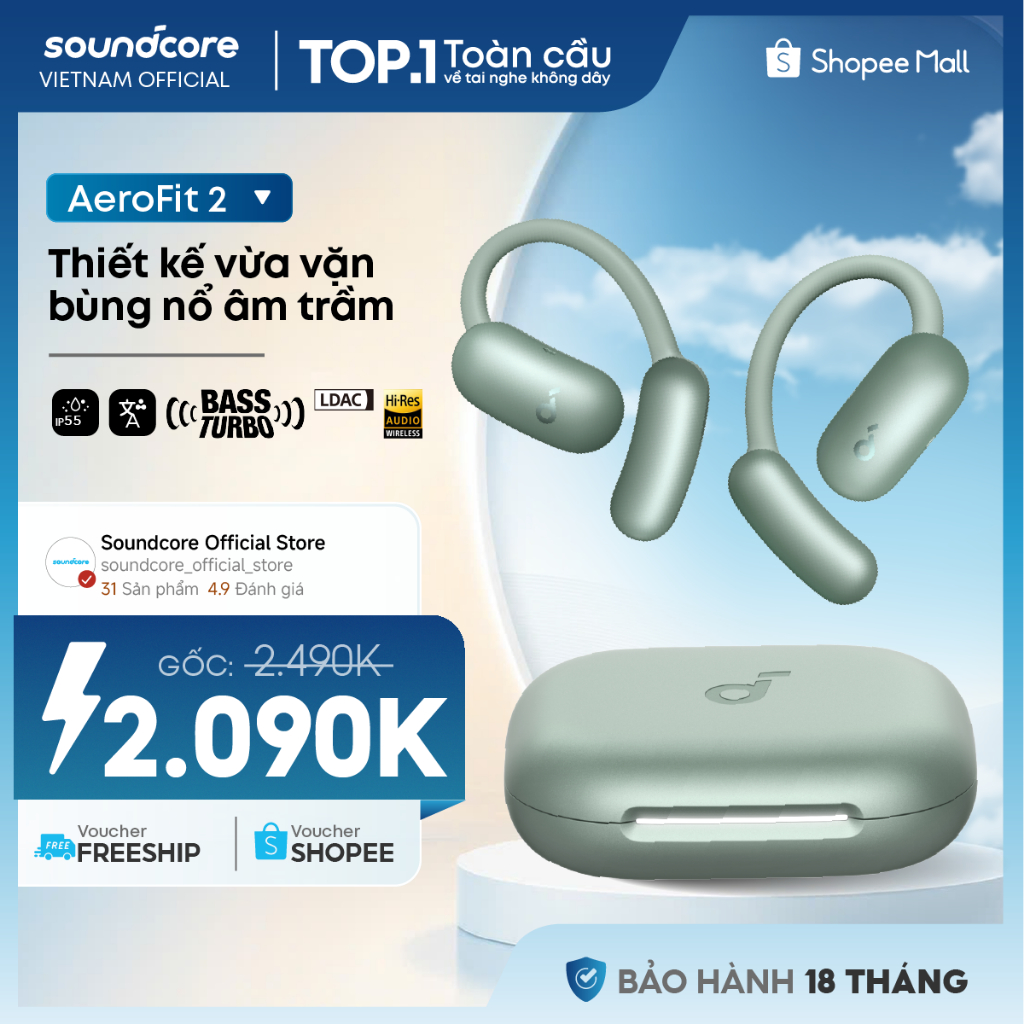 Tai nghe bluetooth Open-Ear soundcore AeroFit 2 | Móc tai tùy chỉnh | Chống nước và bụi IP55 | Tích hợp phiên dịch