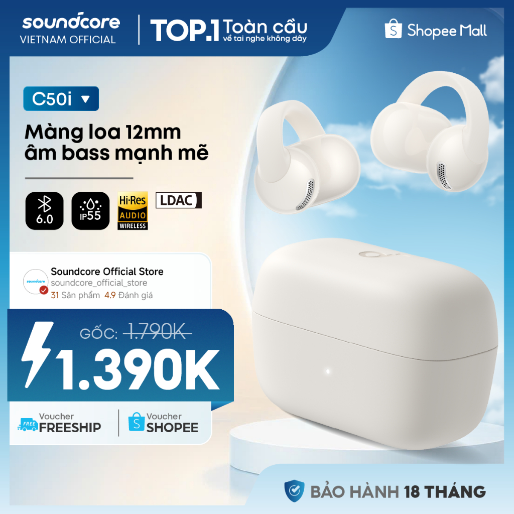 Tai nghe bluetooth Open-Ear Soundcore C50i | Màng loa 12mm | Pin 7h/28h | Bluetooth 6.0| Bảo hành 18 tháng