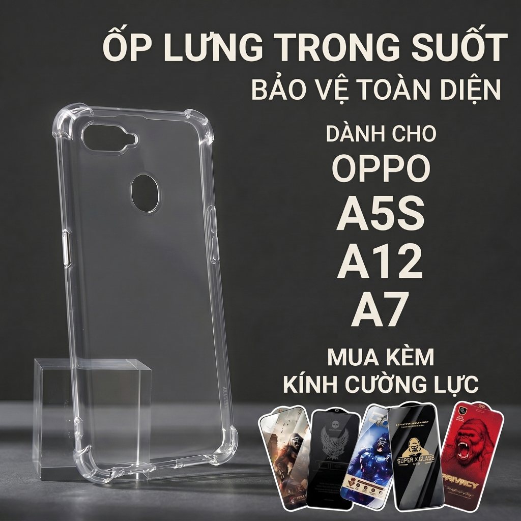 Ốp lưng Oppo A5S, A12, A7 Cow case trơn trong suốt | Ốp điện thoại Oppo dẻo bảo vệ camera đt toàn di