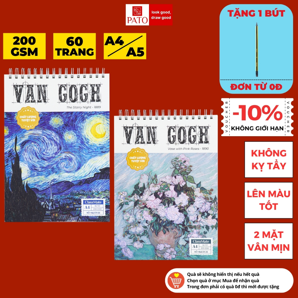 Sổ Vẽ Sketchbook 200GSM Van Gogh Không Kị Tẩy, Lên Màu Tốt Sổ Vẽ Phác Thảo A4 A5 60 Trang Vẽ Chì Màu
