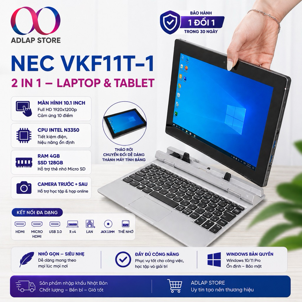 Laptop 2in1 màn cảm ứng NEC 10inch Windown 10inch Ram4 SSD 128G surface