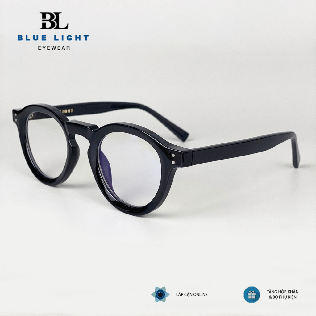 Gọng Kính Cận, Kính Giả Cận Nam Nữ BLUE LIGHT Cao Cấp, Acetate Lõi Thép, Mắt Tròn Gọng Dày Đen, Xám