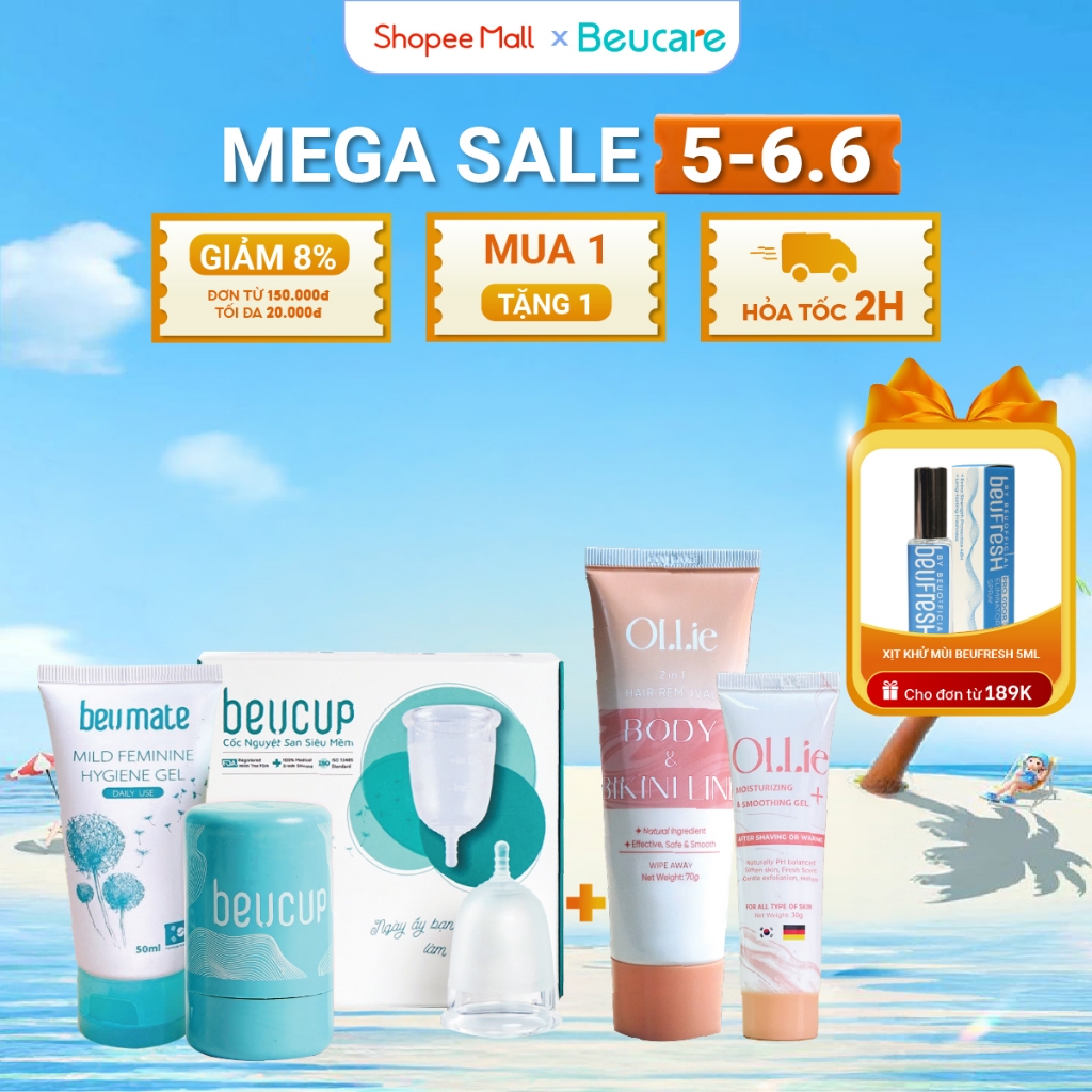 Combo bộ cốc nguyệt san BeUcup chính hãng chuẩn FDA Hoa Kỳ + kem tẩy lông Ollie dịu nhẹ, thơm mát