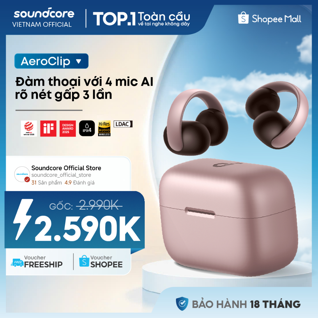 Tai nghe nhét tai dạng kẹp hở Soundcore AeroClip | Thích ứng thoải mái | Chống nước IPX4 | Tích hợp phiên dịch