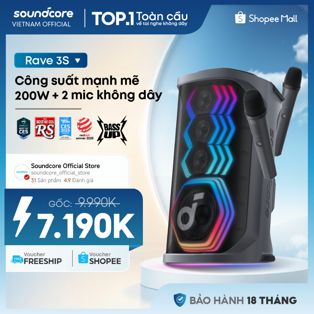 Loa bluetooth karaoke party soundcore Rave 3S | Công suất 200W | 2 mic không dây