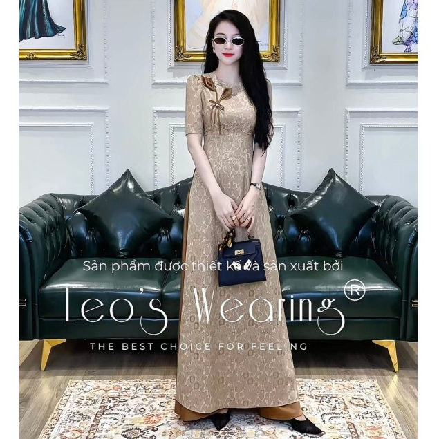 Set Áo Dài Lụa Gấm Cách Tân LEOSWEARING Đính Hoa Tay Bồng Kèm Quần Váy DB201