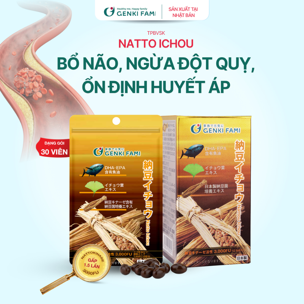 TPBVSK Natto Ichou, Bổ Não, Phòng Ngừa Đột Quỵ, Hỗ Trợ Ngủ Ngon, Genki Fami Nhật Bản