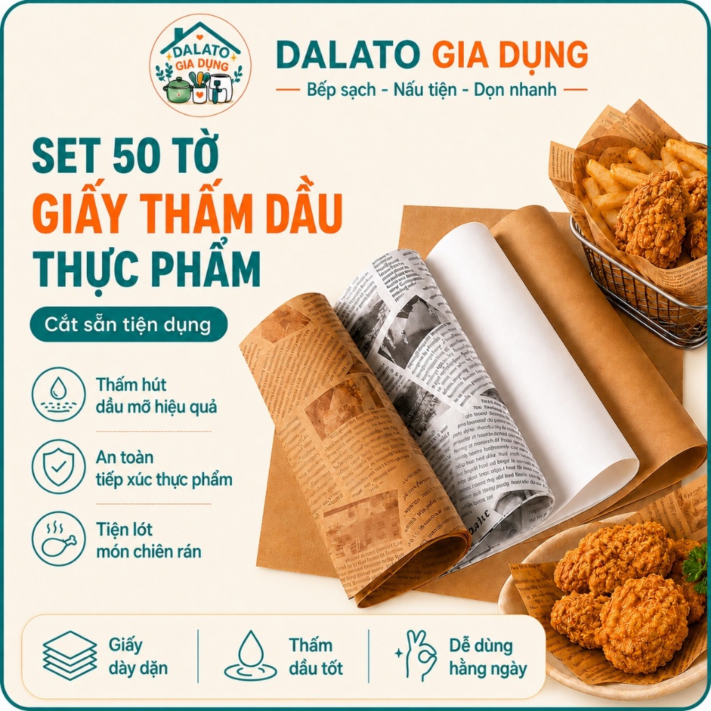 Set 50 Tờ Giấy Thấm Dầu Thực Phẩm Dalato, Giấy Thấm Hút Dầu Mỡ Đồ Chiên Rán Màu Nâu Trắng